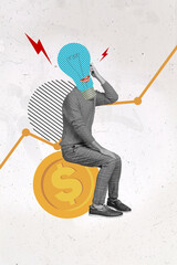 Vertical collage picture of guy black white gamma sit huge money coin light bulb instead head...