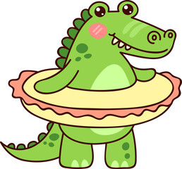 Cute green crocodile with rubber ring. Kawaii character in cartoon style. Design illustration isolated on transparent background PNG.