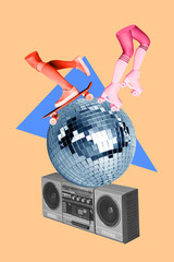Vertical poster collage of legs on skate roll disco ball boombox isolated on drawing beige color...