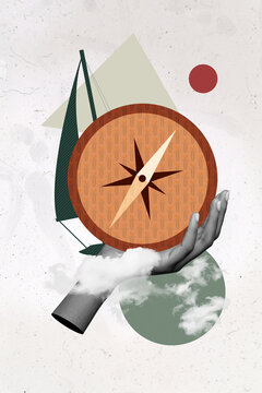 Creative 3d photo artwork graphics collage of hand holding old compass sail adventure time arrow point north star orientation clouds