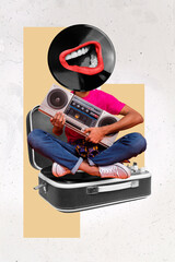 Vertical collage image of person vinyl record instead head hold boom box big mouth singing isolated on creative background