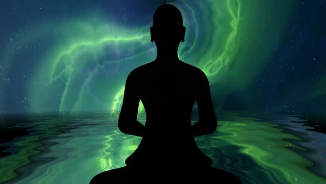 Buddhist monk in meditation pose against energy background
