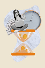 Vertical poster collage of lady sit on money clock black and white filter isolated on beige color background