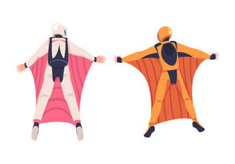Naklejka na ściany i meble Man Parachutist Skydiving in Wingsuit and Free-falling in the Air Descenting on the Earth Vector Set