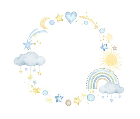 Watercolor frame with rainbow, clouds,stars,moon,sun..Watercolor hand painted illustrations isolated on white background . - 549113485