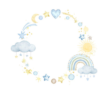 Watercolor frame with rainbow, clouds,stars,moon,sun..Watercolor hand painted illustrations isolated on white background .