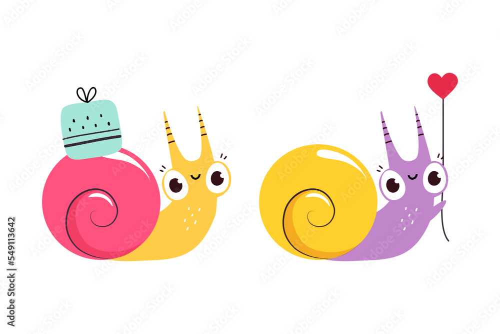 Poster cute snail character with shell carrying heart and gift box on its back vector set