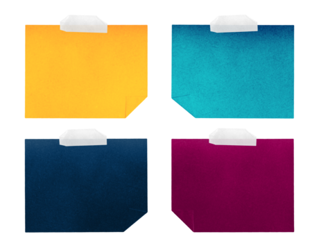 vibrant, colorful sticky notes with adhesive tape strips on transparent, background, isolated, extracted, png file