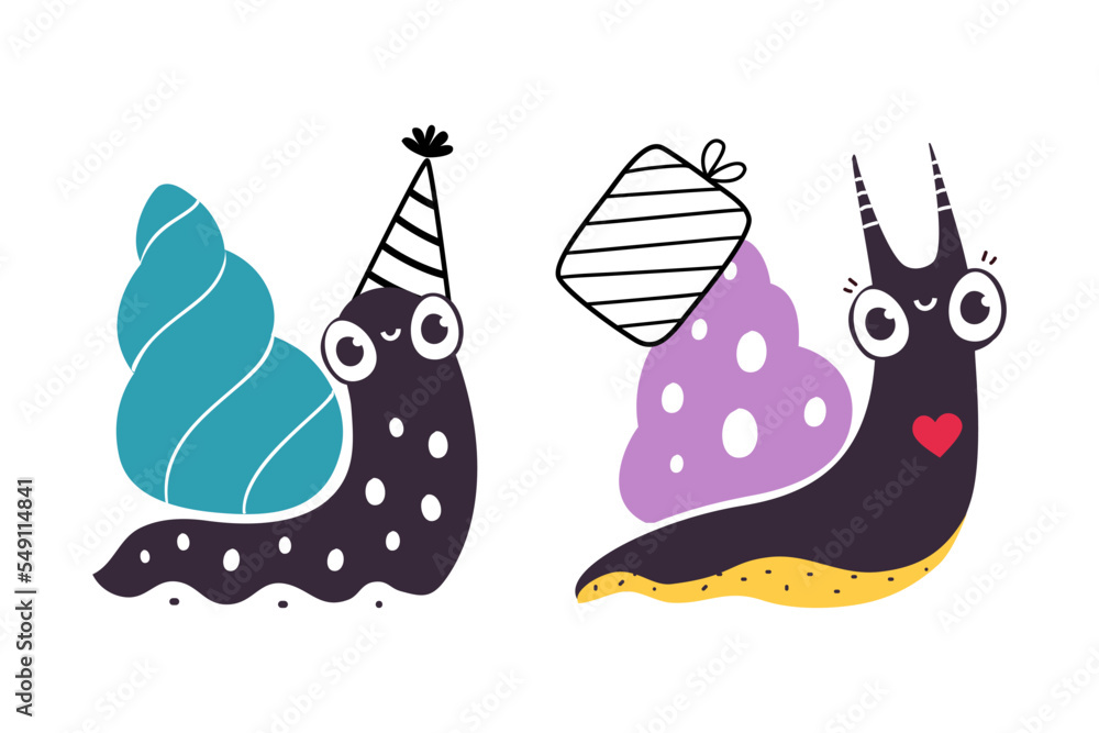 Poster cute snail character with shell carrying gift box on its back vector set