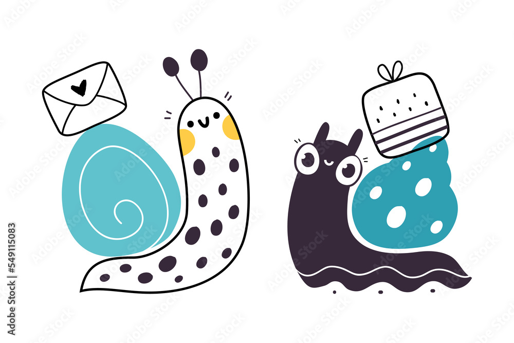 Poster cute snail character with shell carrying envelope and gift box on its back vector set