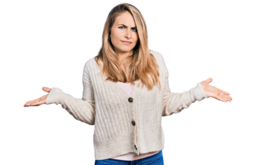 Young blonde woman wearing casual clothes clueless and confused with open arms, no idea concept.
