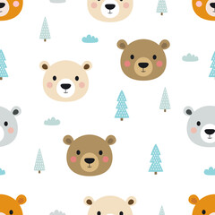 cartoon seamless pattern of bear on forest background