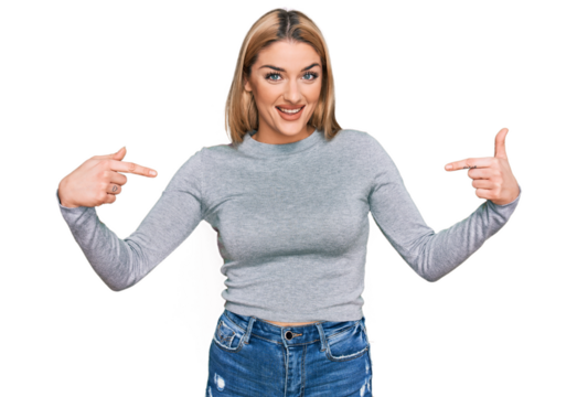 Young caucasian woman wearing casual clothes looking confident with smile on face, pointing oneself with fingers proud and happy.