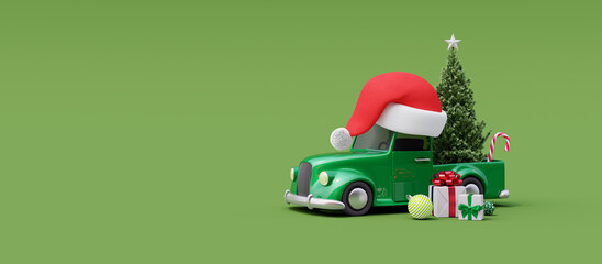 Green car with Santa hat carrying Christmas tree on green background with copy space 3d render 3d illustration