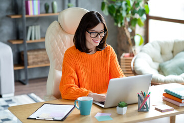 Photo of positive happy lady editor wear sweater writing news information read cv chatting video...