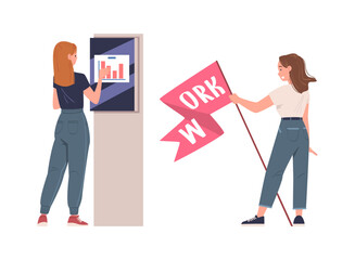 Woman Character with Graph on Display and Flag Vector Set