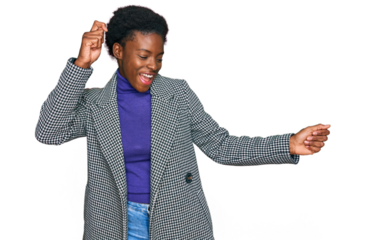 Young african american girl wearing casual clothes dancing happy and cheerful, smiling moving casual and confident listening to music