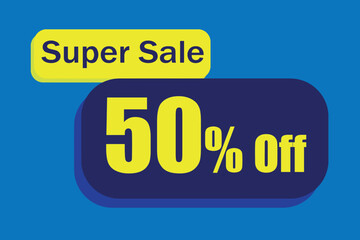 50% off super sales retail stores. Blue and yellow rectangle. Big yellow numbers with blue letters at the top. Ideal for product clearance and shopping and black friday promotions.