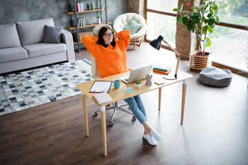 Portrait of adorable lady boss chief director realtor recruiter broker sitting comfort chair modern office workplace indoors waiting coffee