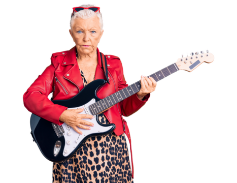 Senior beautiful woman with blue eyes and grey hair wearing a modern look playing electric guitar skeptic and nervous, frowning upset because of problem. negative person.