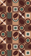 Geometric coffee pattern design. Abstract seamless geometric drawing. Seamless pattern with decorative geometric and abstract elements. Vector colorful background of the tiles.