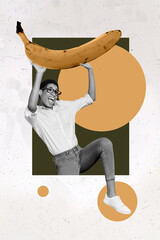Vertical banner collage of lady hold banana black and white effect isolated on drawing color background
