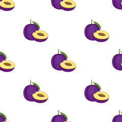 Seamless pattern with plum, whole fruit and cut half. Vector illustration