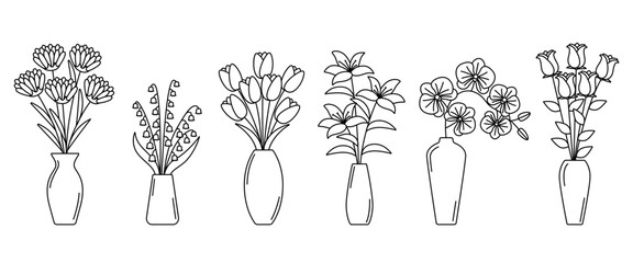 Set of outlines of vases with flowers. Collection of line flower bouquets in vases, vector illustration