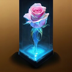 A beautiful delicate multi-colored magic rose in a glass bowl, a rose in a flask.