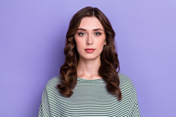 Fototapeta premium Closeup portrait photo of young pretty lady wear striped pullover curly hair nice person look you vacancy worker isolated on violet color background