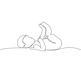 The newborn lies and waves its legs one line art. Continuous line drawing of child, childhood, newborn, new life, son, daughter, silhouette, motherhood, baby, future.