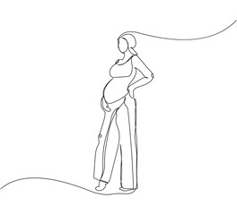 Pregnant woman in full growth one line art. Continuous line drawing of pregnancy, motherhood, preparation for childbirth, pregnant model.
