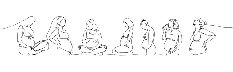 Pregnant women in different positions one line art. Continuous line drawing of pregnancy, motherhood, fitness, preparation for childbirth, yoga for pregnant women.
