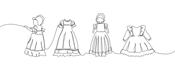 Set of baby christening dresses one line art. Continuous line drawing of child, childhood, play, boy, girl, clothing, dress, dress up, celebration, christening clothes, dress, bonnet