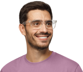 Close-up portrait of smiling handsome male in purple t-shirt and transparent eyeglasses looking right
