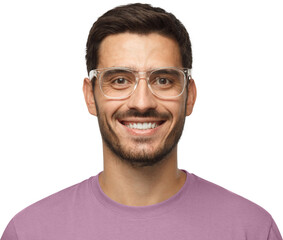 Fototapeta premium Close-up shot of smiling attractive man in purple t-shirt and trendy trasparent glasses