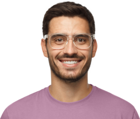 Close-up shot of smiling attractive man in purple t-shirt and trendy trasparent glasses