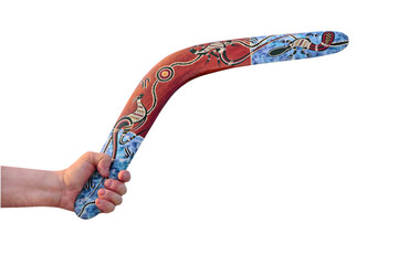 Multicolored Australian Boomerang in men arm isolated on transparent.
