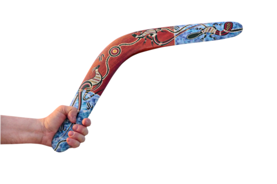 Multicolored Australian Boomerang in men arm isolated on transparent.