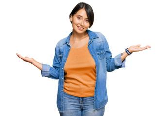 Young beautiful hispanic woman with short hair wearing casual denim jacket smiling showing both hands open palms, presenting and advertising comparison and balance