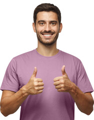 Motivated excited smiling young man in blue t-shirt, making thumbs up gesture of approval and...