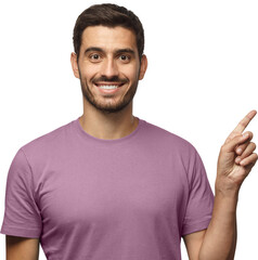 Attractive young man in purple t-shirt pointing right with his finger