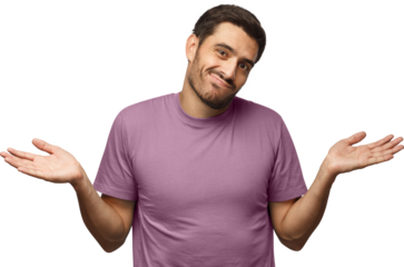 I don't know. Young man showing helpless gesture with arm and hands, mouth curved as if he does not know what to do