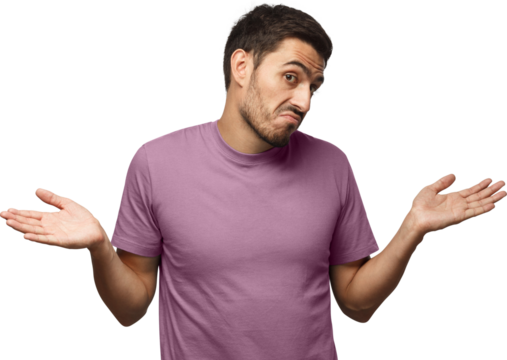 I don't know. Young man isolated on gray background, showing helpless gesture with arm and hands, mouth curved as if he does not know what to do