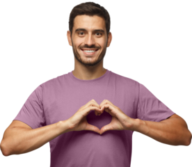 Young smiling handsome smiling male in blue t-shirt showing heart sign isolated on gray background