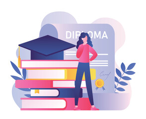Young specialist with diploma. Woman or girl on background of books and graduate document. Graphic element for website. Person dreams of career. Poster or banner. Cartoon flat vector illustration