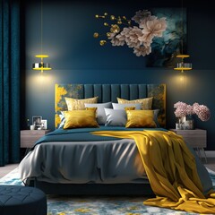 Bedroom with blue walls, bed with blue and yellow sheets, yellow and white pillows, decorated with flowers, Generative AI
