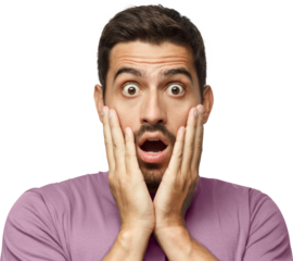 Young man in casual clothes, with round eyes, experiencing deep astonishment and fear