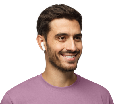 Smiling man wearing pink t-shirt, listeting to his favorite music via earphones