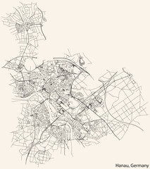 Fototapeta na wymiar Detailed navigation black lines urban street roads map of the German town of HANAU, GERMANY on vintage beige background